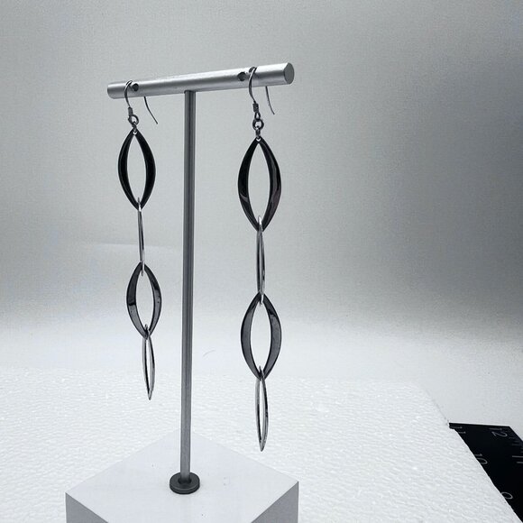 Silver Dangle Drop Earrings 4.25" Long Chain Open Marquise Links Marked 925 - Picture 6 of 9